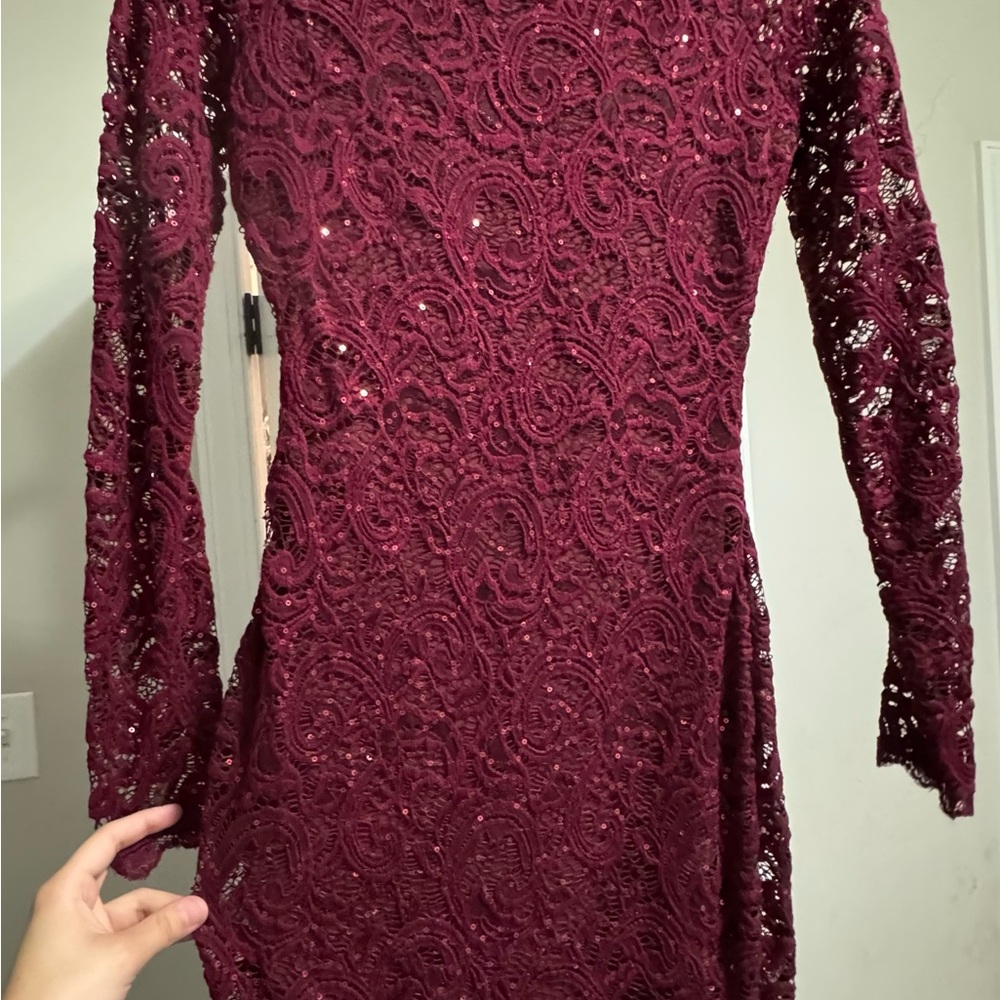 Sequin Hearts Burgundy Long Sleeve Lace Dress